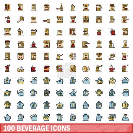 100 beverage icons set. Color line set of beverage vector icons thin line color flat on white