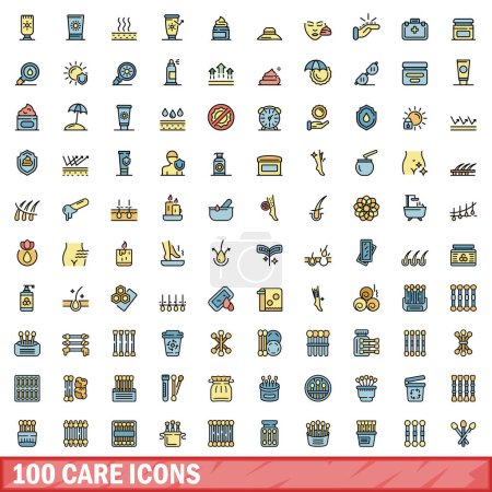 100 Pflege-Symbole gesetzt. Farbe Linie Satz von Pflege-Vektor-Symbole dünne Linie Farbe flach auf weiß