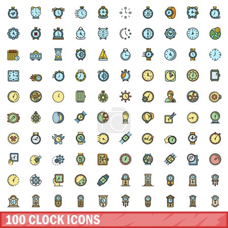 100 iconos de reloj configurados. Línea de color conjunto de iconos de vectores de reloj línea delgada de color plano sobre blanco