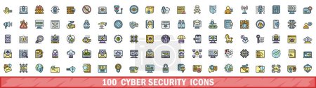 100 Cyber-Sicherheitssymbole gesetzt. Farbe Linie Satz von Cyber-Sicherheitsvektorsymbolen dünne Linie Farbe flach auf weiß