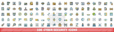 100 iconos de seguridad cibernética configurados. Conjunto de línea de color de iconos vectoriales de seguridad cibernética línea delgada de color plano en blanco