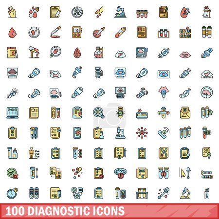 100 diagnostic icons set. Color line set of diagnostic vector icons thin line color flat on white