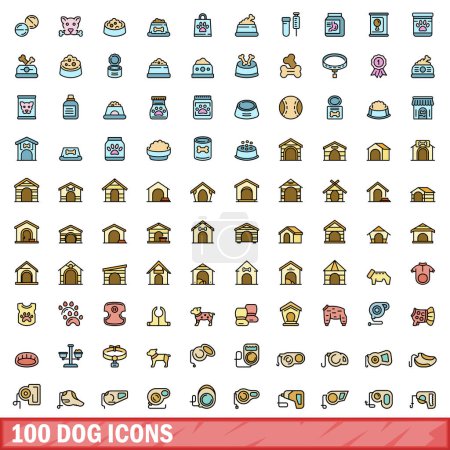 100 Hundesymbole gesetzt. Farbe Linie Set von Hundevektorsymbolen dünne Linie Farbe flach auf weiß