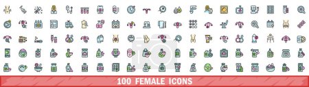 100 icônes féminines. Jeu de lignes de couleurs d'icônes vectorielles féminines couleur de ligne mince à plat sur blanc