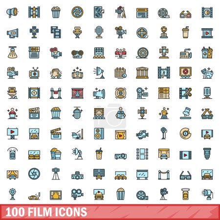 Illustration for 100 film icons set. Color line set of film vector icons thin line color flat on white - Royalty Free Image