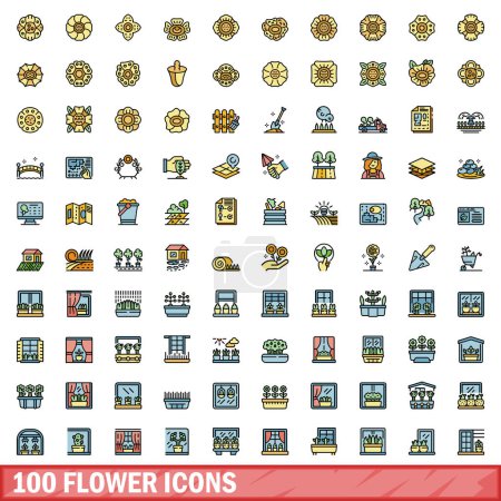 Téléchargez les illustrations : Ensemble de 100 icônes de fleurs. Ensemble de lignes de couleurs d'icônes vectorielles de fleurs couleur de ligne mince à plat sur blanc - en licence libre de droit