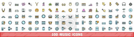 100 music icons set. Color line set of music vector icons thin line color flat on white