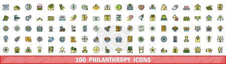 100 iconos de filantropía. Línea de color conjunto de iconos vectoriales filantropía línea delgada de color plano sobre blanco