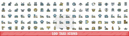 100 taxi icons set. Color line set of taxi vector icons thin line color flat on white