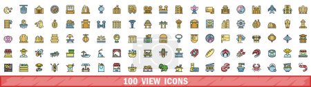 Conjunto de 100 iconos de vista. Línea de color conjunto de iconos vectoriales línea delgada de color plano sobre blanco