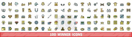 100 iconos ganadores. Conjunto de línea de color de iconos vectoriales ganadores línea delgada de color plano en blanco