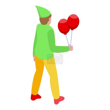 Téléchargez les illustrations : Elfe avec icône de ballons vecteur isométrique. Caractère elfe jubilant. Joyeux esprit de vacances - en licence libre de droit