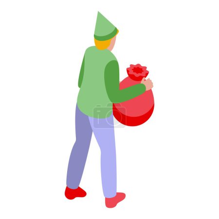 Elf with gifts bag icon isometric vector. Joyful tiny creature. Holiday mythical elfin