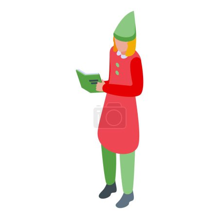 Téléchargez les illustrations : Gnome lecture livre icône isométrique vecteur. Un elfe de conte de fées. Petit elfe magique - en licence libre de droit