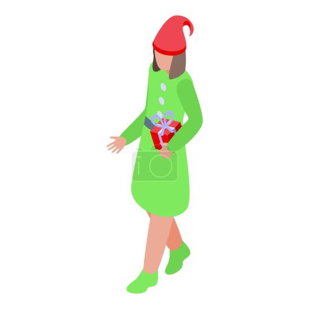 Elfo femenino con icono presente vector isométrico. Regalo sorpresa Gnomo. Vacaciones mágicas alegres