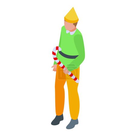 Elf with Christmas candy icon isometric vector. Festive enchanting character. Tiny Santa helper