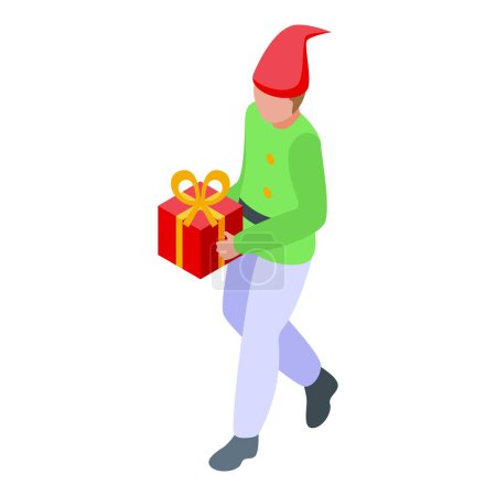 Christmas dwarf with gift box icon isometric vector. Magical holiday present time. Elfin enchanted creature