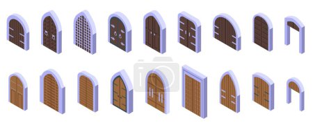 Castle gate icons set isometric vector. Medieval dungeon door. Wooden stone arch