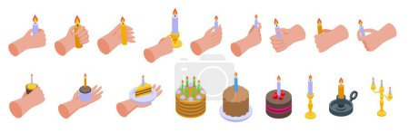 Illustration for Hand holding candle icons set isometric vector. Scented wax holiday. Human dark light - Royalty Free Image
