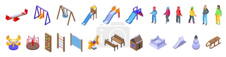 Winter playground icons set isometric vector. Children garden snow fun. Sled urban city