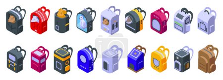 Backpack pet icons set isometric vector. Travel carrier bag. Device care shop