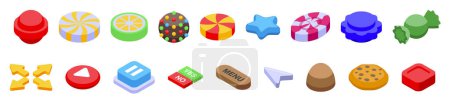 Candy game icons set isometric vector. Sweet ball gui. Chocolate pastry dessert