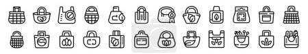 Reusable market shopper icons set outline vector. Tote bag fabric. Eco cloth sack