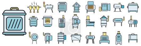 Smokehouse icons set outline vector. Food fish. Meat beef thin line color flat isolated