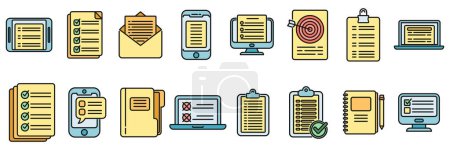 Assignment icons set outline vector. Fast exam. Business agenda thin line color flat isolated