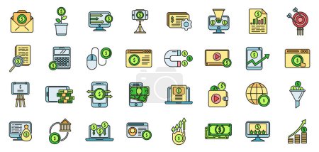 Monetization icons set outline vector. Data money. Business blog thin line color flat isolated