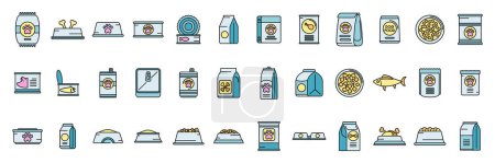Dog food icons set outline vector. Animal pet. Package bag thin line color flat isolated
