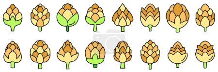 Los iconos de alcachofa establecen el vector de contorno. Comida biológica. Línea fina orgánica fresca color plano aislado