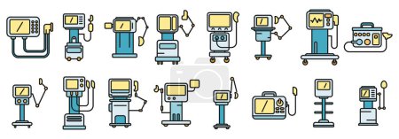 Ventilator Medical Machine icons set outline vector. Air ventilator. Breathing computer thin line color flat isolated
