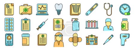 Family doctor icons set outline vector. Hospital health. Medicine care thin line color flat isolated