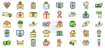 Charitable giving icons set outline vector. Donate food. Nonprofit sponsor thin line color flat isolated