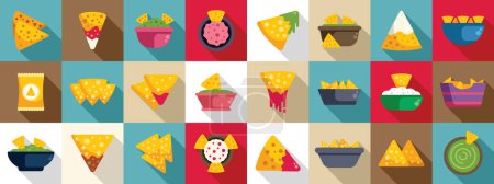 Los iconos de los nachos establecen un vector plano. Comida mexicana. Fiesta restaurante salsa