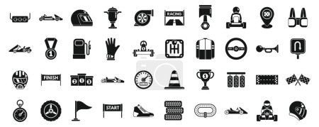 Kart racing icons set simple vector. Car sport road. Flag race driver speed