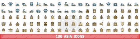 Téléchargez les illustrations : Ensemble de 100 icônes asiatiques. Ensemble de lignes de couleurs d'icônes vectorielles asiatiques couleur de ligne mince à plat sur blanc - en licence libre de droit