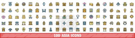 Conjunto de 100 iconos de asia. Conjunto de líneas de color de iconos vectoriales de asia línea delgada de color plano en blanco