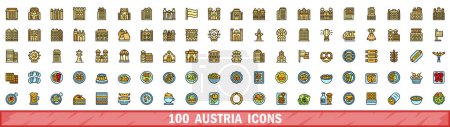 Téléchargez les illustrations : Ensemble de 100 icônes d'Autriche. Jeu de lignes de couleurs d'icônes vectorielles austria couleur de ligne mince à plat sur blanc - en licence libre de droit