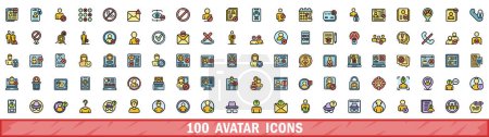 Ensemble de 100 icônes avatar. Jeu de lignes de couleurs d'icônes vectorielles avatar couleur de ligne mince à plat sur blanc