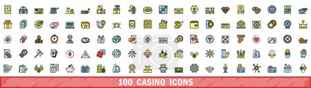 100 iconos de casino establecidos. Línea de color conjunto de iconos de vectores de casino línea delgada de color plano en blanco
