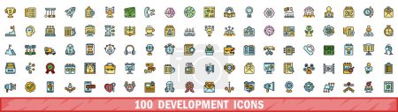 100 iconos de desarrollo establecidos. Línea de color conjunto de iconos de vectores de desarrollo línea delgada de color plano sobre blanco