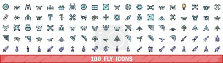 100 iconos de mosca establecidos. Conjunto de línea de color de iconos de vectores de mosca delgada línea de color plano en blanco