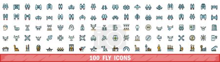 100 Fliegensymbole gesetzt. Farbe Linie Satz von Fliegenvektorsymbolen dünne Linie Farbe flach auf weiß