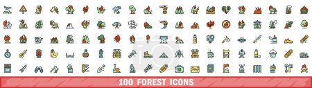 Illustration for 100 forest icons set. Color line set of forest vector icons thin line color flat on white - Royalty Free Image