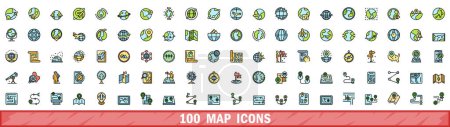 100 iconos de mapa establecidos. Conjunto de líneas de color de iconos vectoriales de mapas de línea delgada de color plano en blanco
