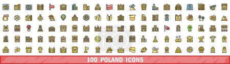 Téléchargez les illustrations : Ensemble de 100 icônes de poland. Jeu de lignes de couleurs d'icônes vectorielles poland couleur de ligne mince à plat sur blanc - en licence libre de droit