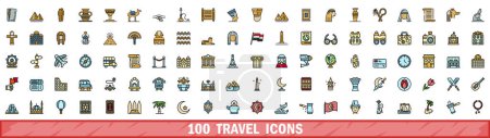 Téléchargez les illustrations : Ensemble de 100 icônes de voyage. Ensemble de lignes de couleurs d'icônes vectorielles de voyage couleur de ligne mince à plat sur blanc - en licence libre de droit