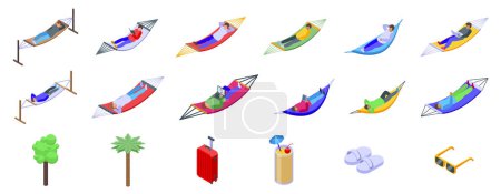 Ilustración de El hombre relaja los iconos de la hamaca fijan vector isométrico. Vacaciones en la playa. Turismo al aire libre - Imagen libre de derechos
